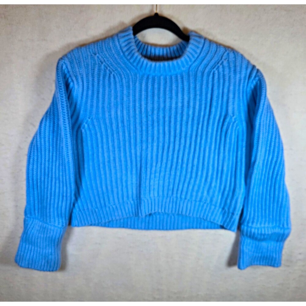 J.CREW Blue Cotton Ribbed-Knit Crew Neck Raglan Pullover Sweater Women's S